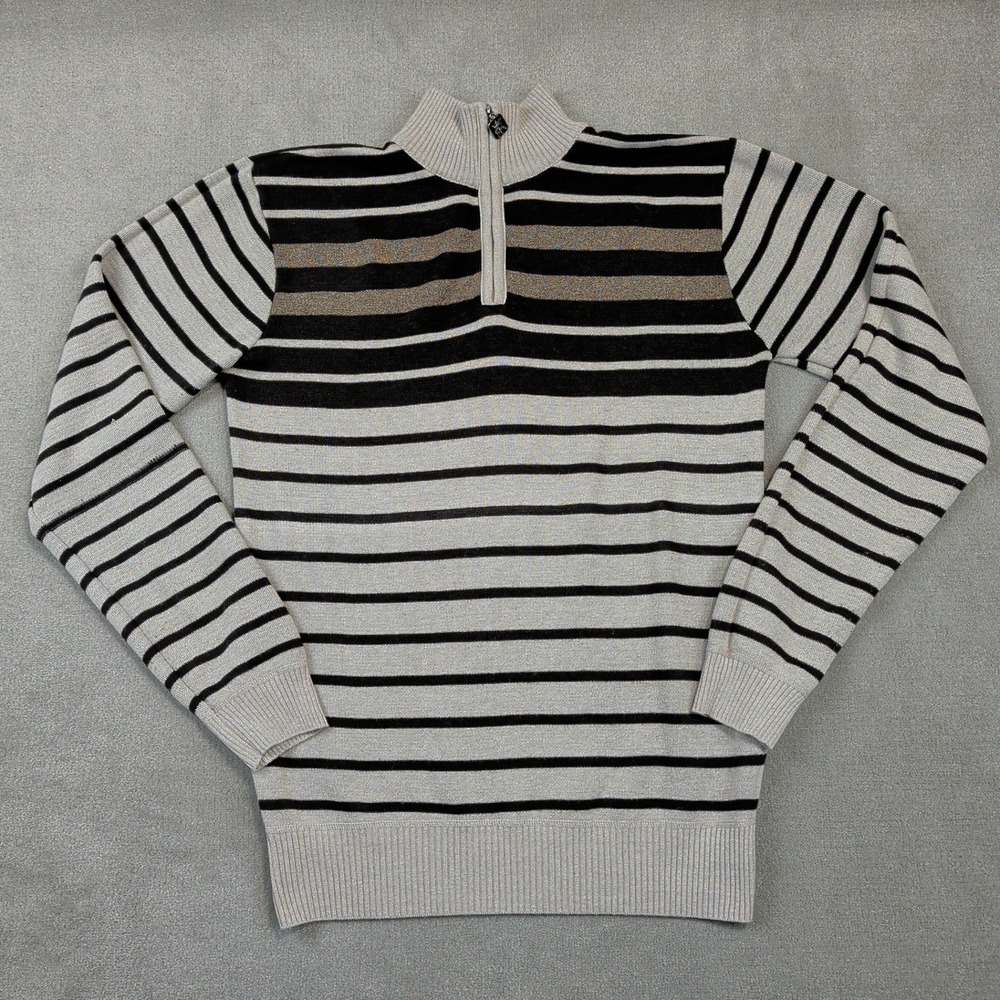 Red Ape Size L Mens Quarter Zip Sweater Beige Black Striped Mock Neck Cotton Mix